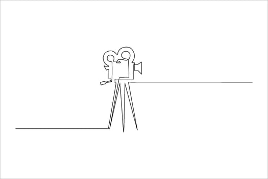 A minimalist illustration of a film camera on a tripod, symbolizing filmmaking and creativity. vector