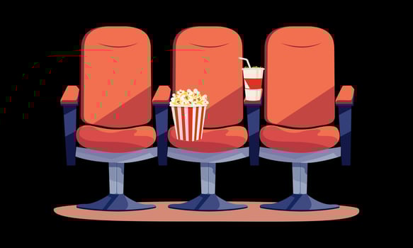 Red chairs, popcorn and soda for watching a movie. Movie ticket. Isolated on white background. Horizontal banner in flat style. illustration vector