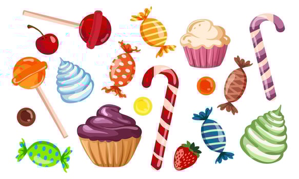 Set of sweets Various sweets, marshmallows, lollipops, cupcakes, candies in glossy wrappers for Halloween and Christmas holidays. Confectionery, sweets and desserts illustration on white vector
