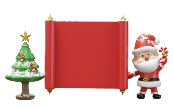 3d announcement roll banner with santa claus, christmas tree isolated. poster or happiness cards, merry christmas, festive new year concept, 3d render illustration png