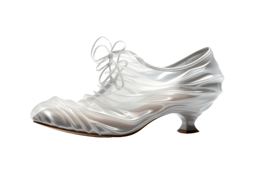 A shoe with a bow on it is shown in a clear plastic case. The shoe is white and has a pointed toe png