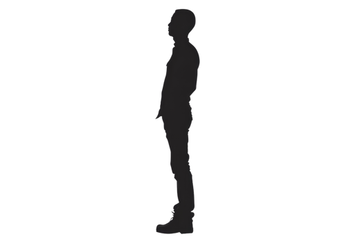 black silhouette of a person standing sideways. The person is wearing a long dress or skirt and has long hair. The background is white. png