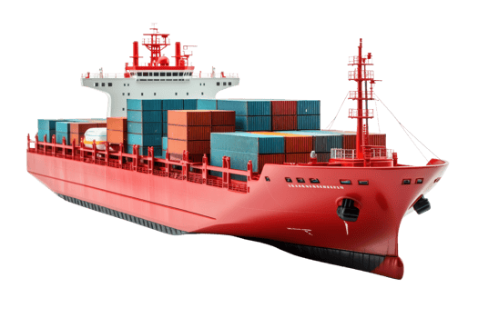 A large red ship with the word Cargo on the side. The ship is filled with cargo containers and is traveling on the ocean png
