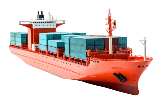 A large red ship with many containers on it. The ship is the size of a small city png