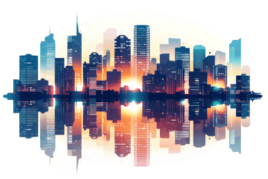 A vibrant cityscape with a modern skyline reflecting on the water below. png