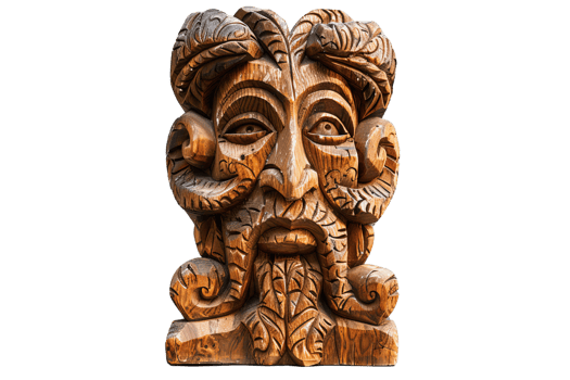 A wooden face with horns and a beard. The face is carved out of wood and has a unique design png
