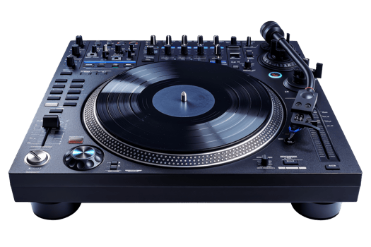 A black turntable with a black record on it. The turntable is black and has a blue and blue design png