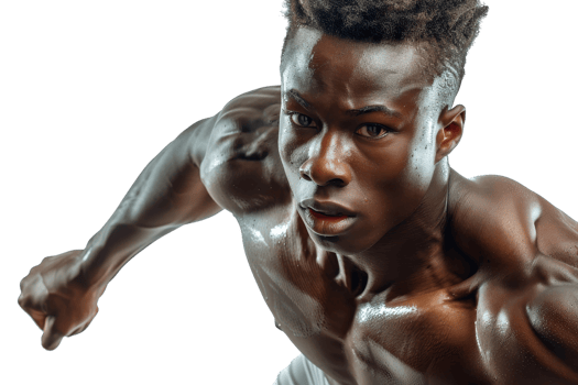 A man with a muscular build is running with his arms outstretched. Concept of strength and determination, as the man is pushing himself to his limits png