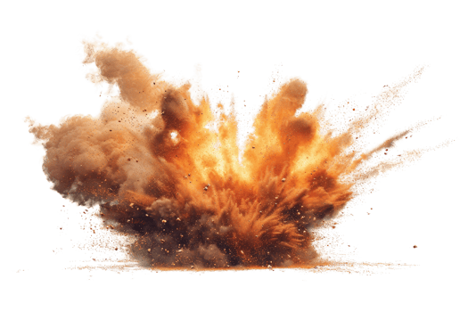 A large explosion is depicted in the image, with a lot of smoke and debris flying in the air. The scene is intense and chaotic, with the explosion leaving a trail of destruction in its wake png