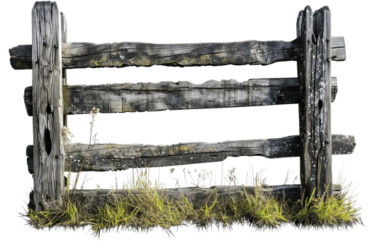 A wooden fence with a few holes in it. The fence is old and weathered, with a few weeds growing through the cracks. The fence is located in a grassy field, with the grass growing tall and wild png