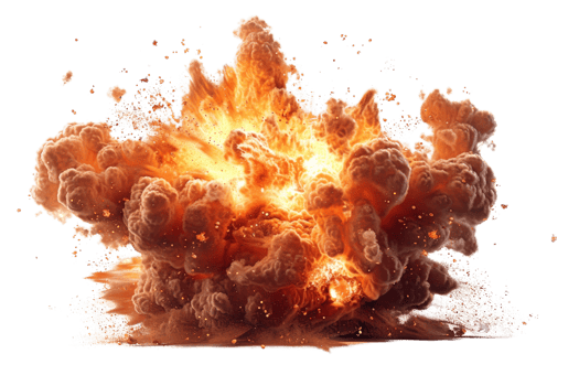 A large explosion is depicted in the image, with a lot of smoke and debris flying everywhere. The scene is chaotic and intense, with the explosion leaving a trail of destruction in its wake png
