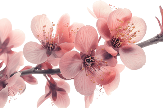 Beautiful close-up image of blooming pink cherry blossom flowers on a branch, showcasing delicate petals and vibrant colors. png