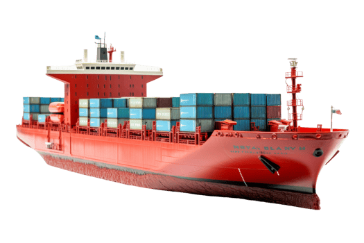 Container cargo ship in red, fully loaded and ready for transport on international waters. Ideal for transportation, logistics, and shipping themes. png
