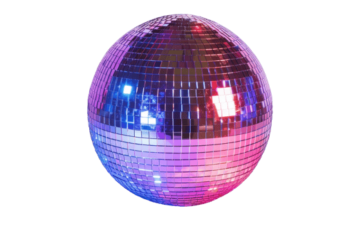 Disco ball. Mirrored sphere reflecting colorful light rays. png