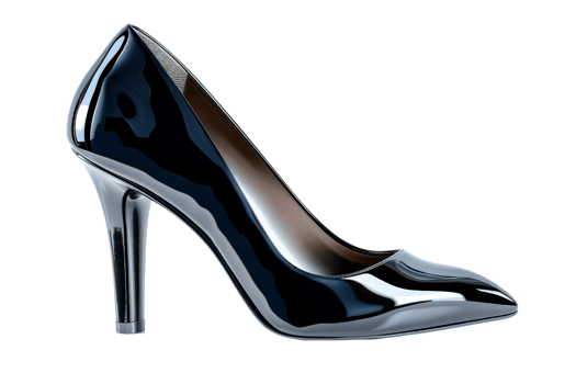 A black high heel shoe with a pointed toe. The shoe is made of patent leather and has a shiny finish png