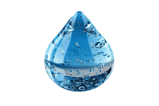A blue water droplet with many small bubbles. The droplet is surrounded by a clear glass png