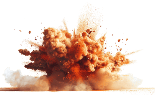 A large explosion is depicted in the image, with a lot of debris and smoke flying in the air. The scene is chaotic and intense, with the explosion leaving a trail of destruction in its wake png