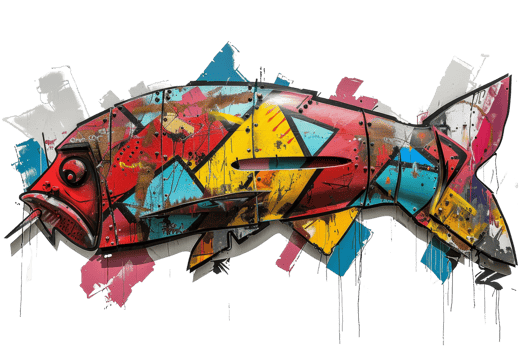 A fish with a red head and blue tail. The fish is surrounded by a colorful background. The fish appears to be sad or unhappy png