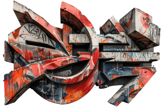 The graffiti on the wall is a mix of red, blue, and white colors. The shapes and lines of the graffiti are abstract and seem to be in motion. Scene is chaotic and energetic png
