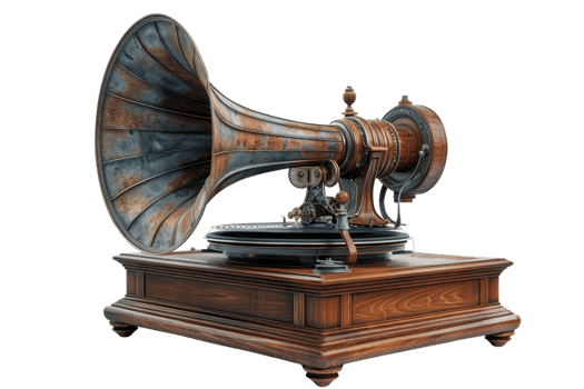 A vintage record player with a large horned speaker. The speaker is made of metal and wood, and it has a vintage look to it. The record player is sitting on a wooden base png