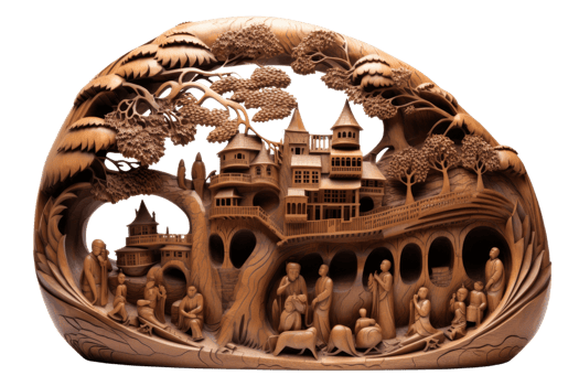A wooden sculpture of a village with people and animals png