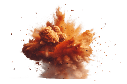 A large explosion of sand and dust is depicted in the image. The explosion is so powerful that it has created a cloud of debris that is scattered all over the scene. Scene is intense and chaotic png