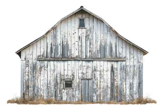 The barn is old and weathered, with a lot of wood and a slanted roof. It looks like it has been abandoned for a while png