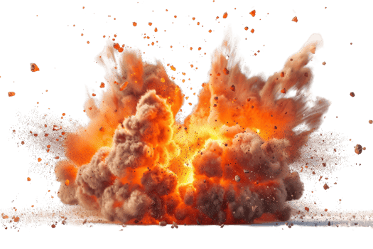 A large explosion is depicted in the image, with a lot of debris and smoke flying in the air. The scene is intense and chaotic, with the explosion leaving a trail of destruction in its wake png