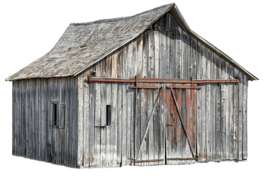 A large, old barn with a red door and a red roof. The barn is made of wood and has a rustic appearance png
