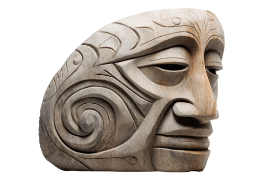 A large, carved face with a swirl pattern on its forehead. The face is made of stone and has a stone nose png