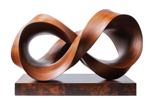 A wooden sculpture of an infinity symbol. The sculpture is made of wood and is brown in color. It is placed on a brown base. The sculpture has a unique png