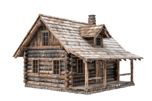 A log cabin with a porch and a chimney. The house is old and rustic, with a wooden exterior. The porch is a welcoming space for relaxation and socializing png