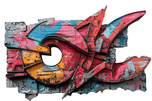 A colorful graffiti piece with a red and blue triangle on it. The triangle is surrounded by a circle and the circle is surrounded by a square. The piece is very colorful and has a lot of detail png