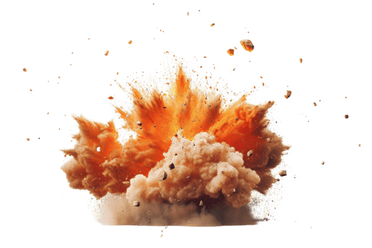 A large explosion is depicted in the image, with a cloud of dust and debris surrounding the blast. The scene is chaotic and intense, with the explosion leaving a trail of destruction in its wake png