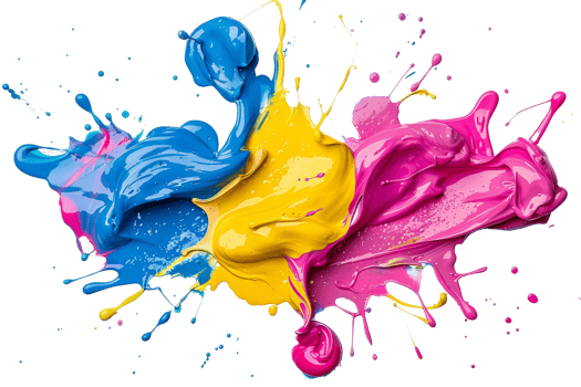 A splash of paint with blue, yellow and pink colors. The colors are bright and vibrant, creating a sense of energy and excitement. The splatter of paint is chaotic and unpredictable png