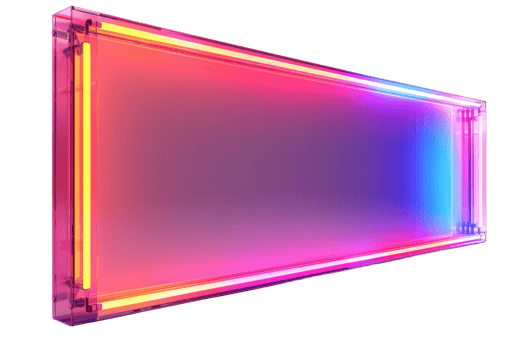 A neon sign with a pink, purple, and blue background. The sign is lit up and has a glowing effect png