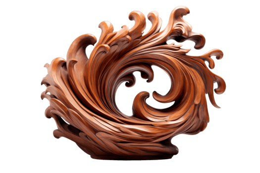 A wooden sculpture of a wave with a dragon on top. The sculpture is brown and has a lot of detail png