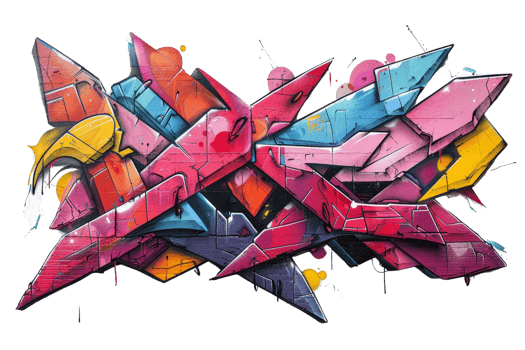 A colorful graffiti with a pink and yellow arrow. The graffiti is made up of different colors and shapes, and it is a piece of art png