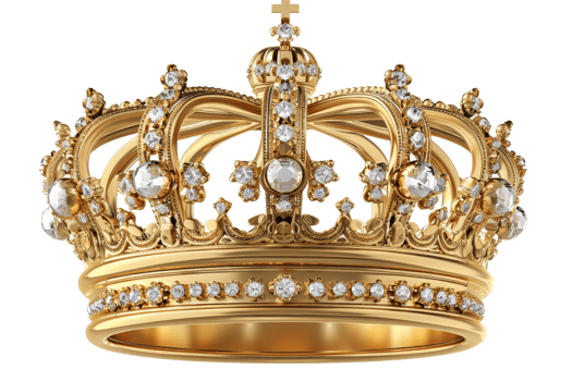 A gold crown with diamonds and a cross on top. The crown is very ornate and has a regal feel to it png