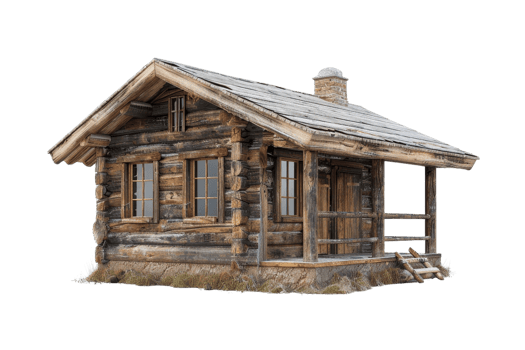 A small log cabin with a porch and a chimney. The cabin is old and has a rustic feel to it png