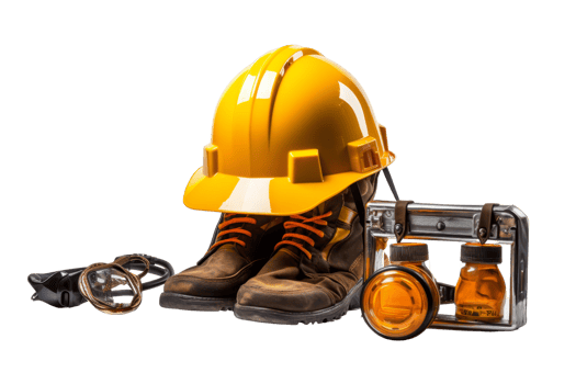 A yellow hard hat sits on top of a pair of work boots. The boots are brown and have orange laces. Concept of safety and protection, as the hard hat png