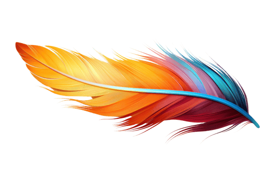 A colorful feather with a blue tip. The feather is long and has a rainbow of colors. It is a beautiful and vibrant image that captures the essence of nature and the beauty of birds png