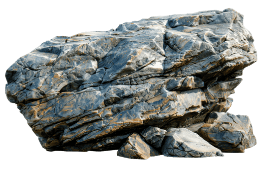 A large rock with a few smaller rocks on top of it. The rock is grey and black with some brown spots png