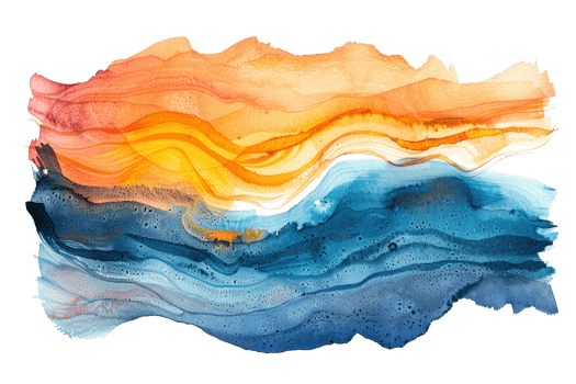 A painting of a sunset with a blue ocean in the background. The colors are vibrant and the brushstrokes are bold. The mood of the painting is serene and peaceful png