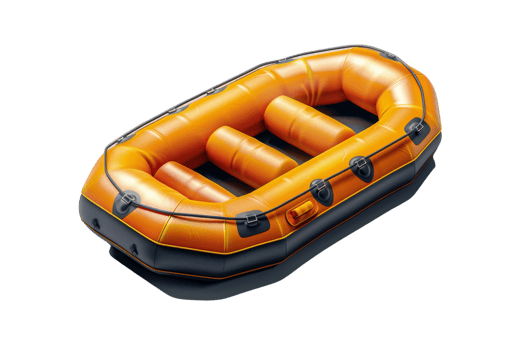 High-quality image of an orange inflatable raft with black accents, isolated on a transparent background. Ideal for water sports and outdoor activities. png
