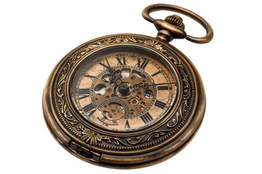 Ornate antique pocket watch with Roman numerals and visible intricate gears, showcasing vintage craftsmanship and timeless elegance. png