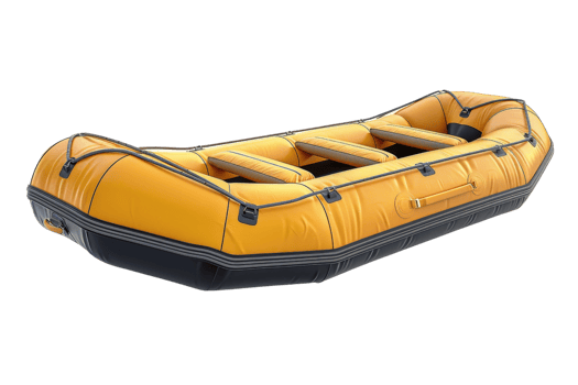 Yellow inflatable raft isolated on a transparent background. Ideal for adventure, water sports, and outdoor activities. High-quality stock photo. png