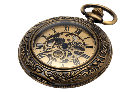 Vintage pocket watch with ornate detailing and visible mechanical gears. Timeless elegance and craftsmanship perfect for collectors and enthusiasts. png