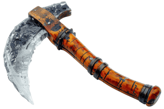 Intricately designed fantasy axe with a wooden handle and metallic blade, perfect for role-playing games, costumes, and displays. png