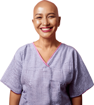 A middle-aged woman with a shaved head after receiving chemotherapy, wearing patient clothes png